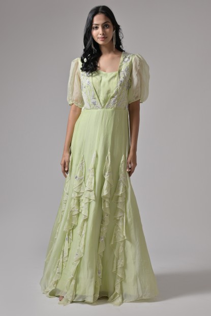 Pastel Green Organza Hand embroidered Gown